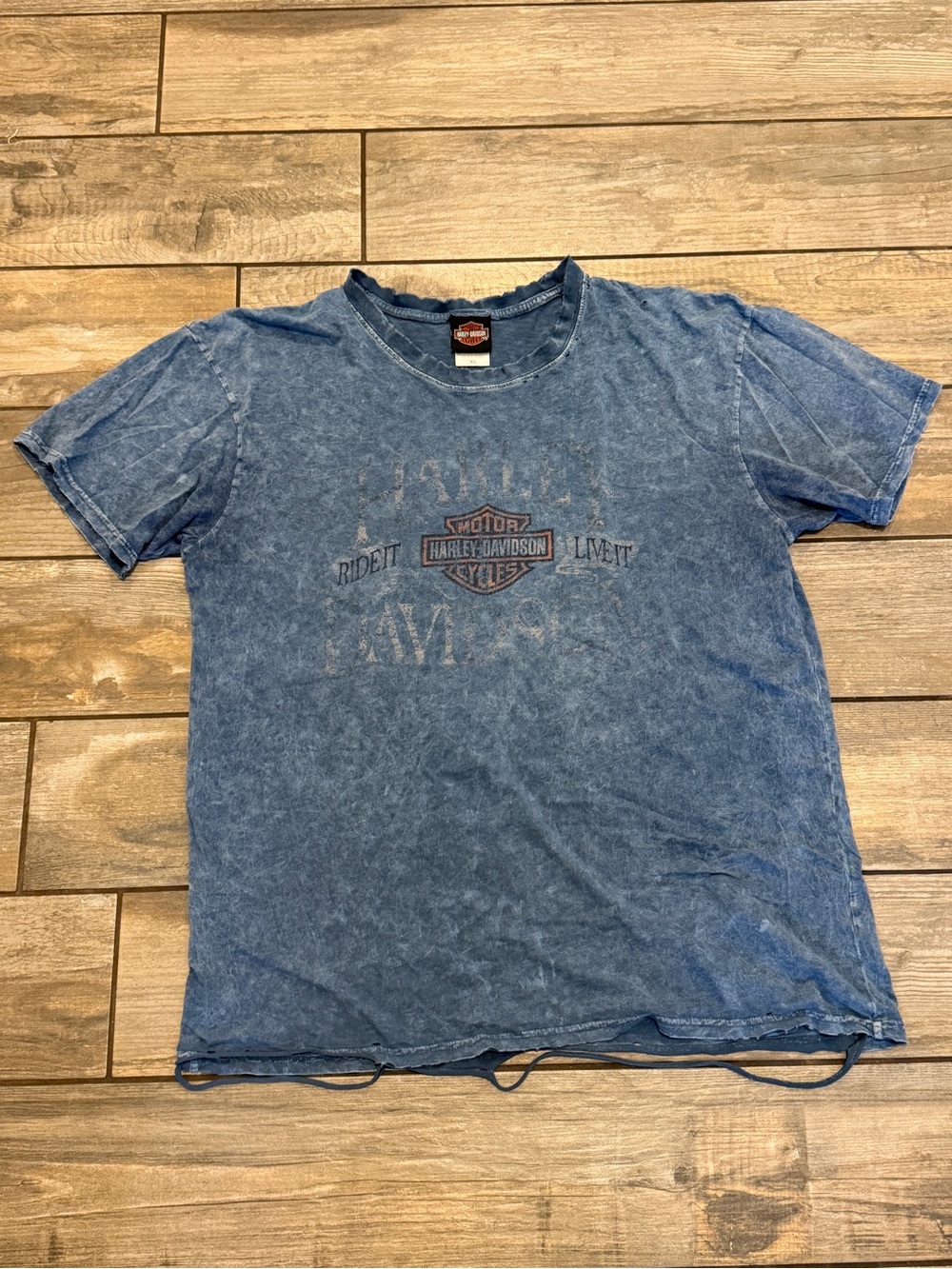 Thrashed Vintage Look Harley-Davidson Blue Mineral Wash Logo Tee Oversized